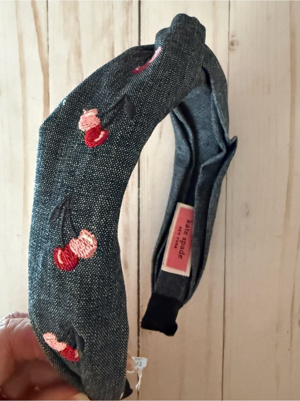 Kate Spade Red Cherry Embroidered Dark Blue Denim Twisted Headband NWOT